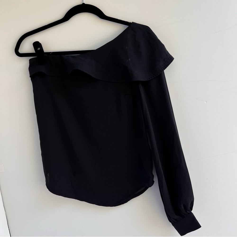 Olivaceous Black Off-Shoulder Ruffle Women's Top